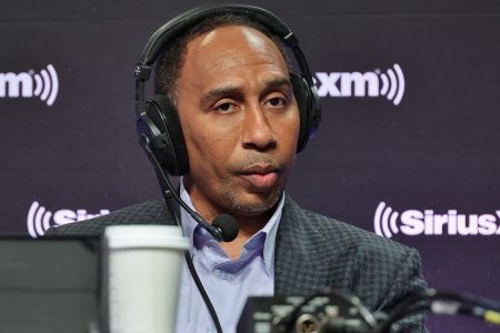 Stephen A. Smith on radio row at Super Bowl LVII.
