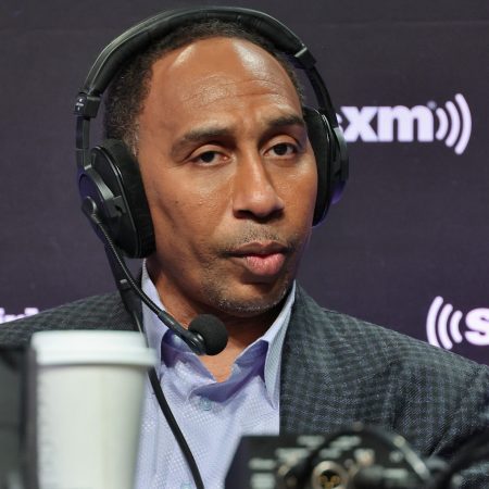 Stephen A. Smith on radio row at Super Bowl LVII.