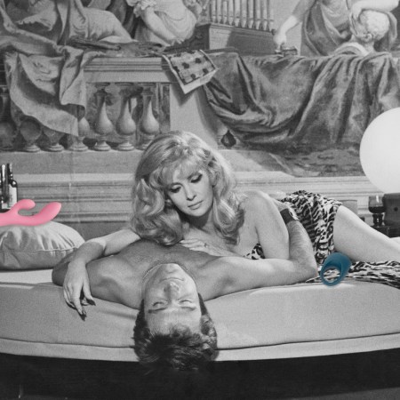 A man and woman lying on a bed together in black and white with vibrators pictured in color