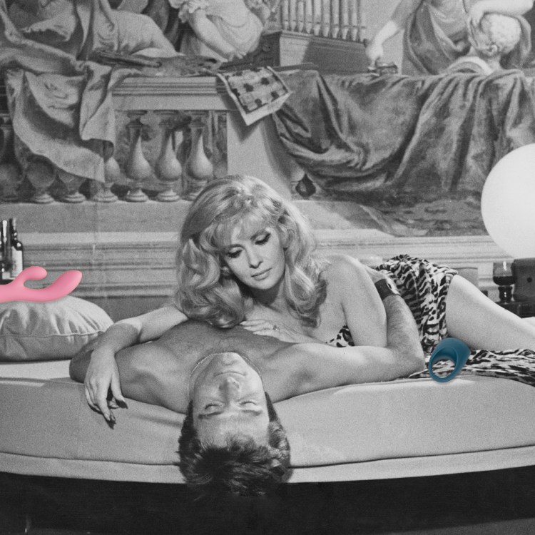 A man and woman lying on a bed together in black and white with vibrators pictured in color