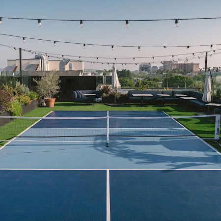 pickleball court with string lights