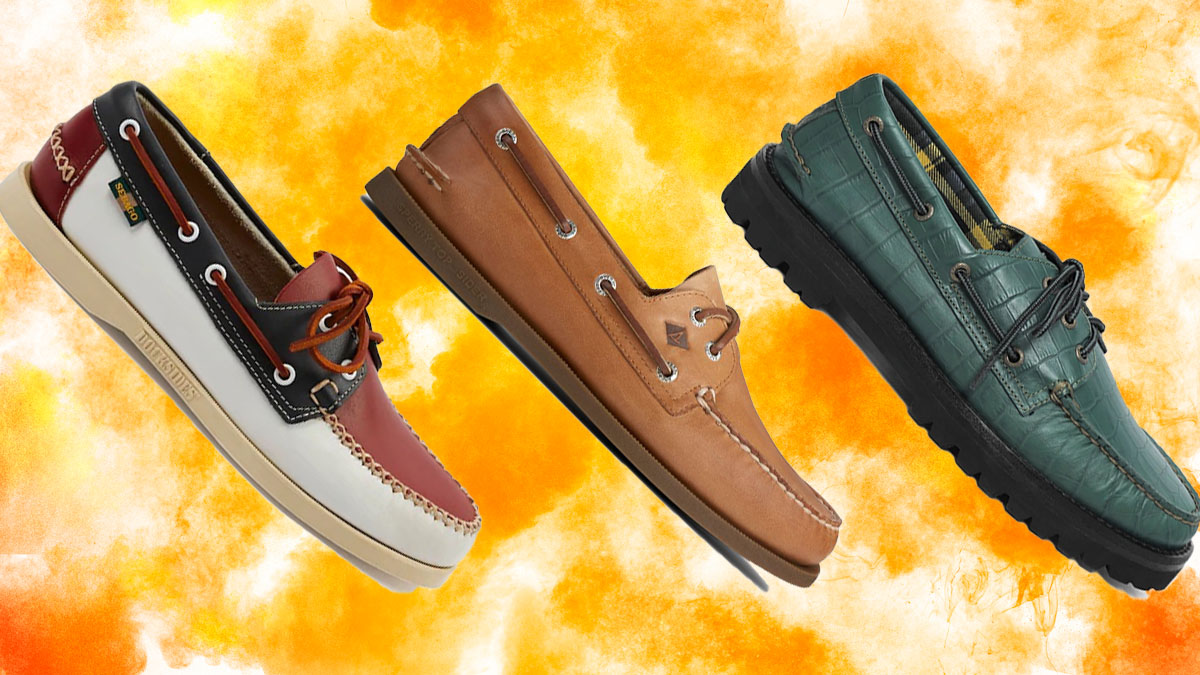 a collage of boat shoes on a fire background