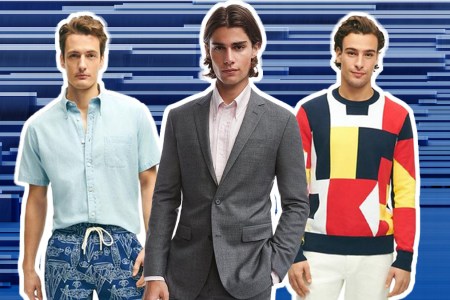 a collage of Brooks Brothers models on a blue background