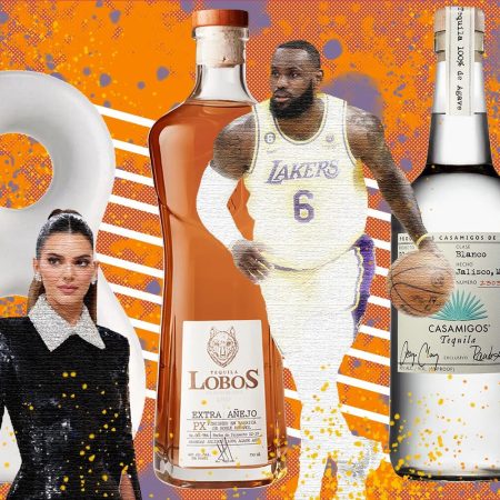 Kendall Jenner, LeBron James and George Clooney in front of the three celebrity tequilas they are involved with