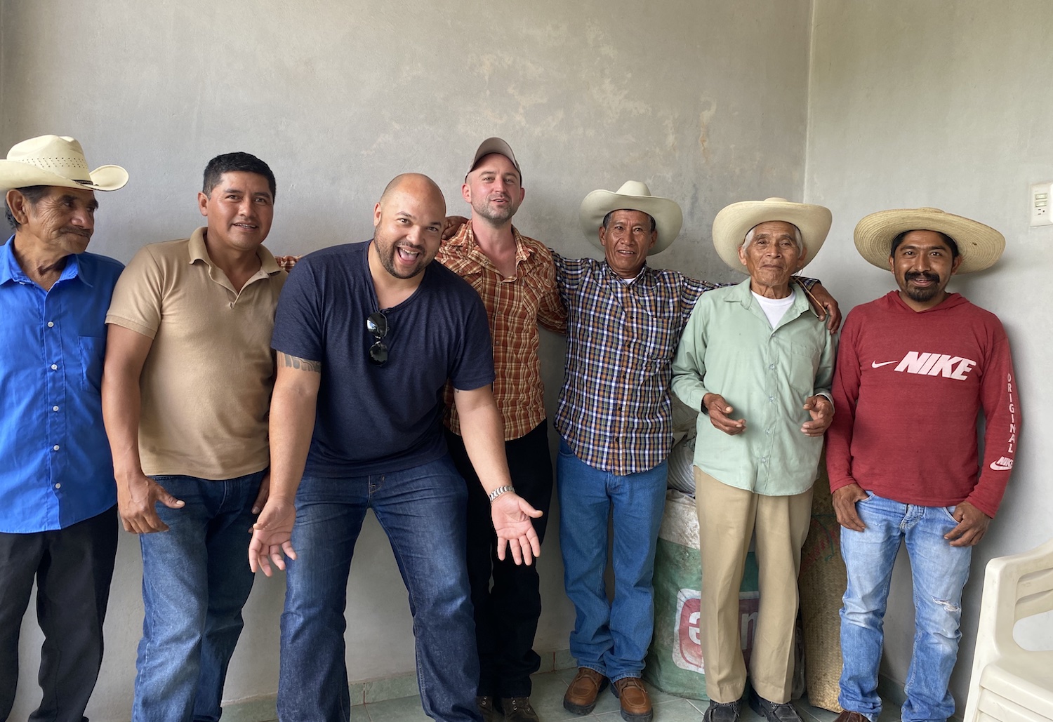 Mezcal Mal Bien Partners visiting with Mezcaleros in Chilapa de Álvarez, Guerrero. L to R: Antonio Sonido, Emiliano Gutierrez, Anthony Silas, Ben Scott, Refugio Calzada, Tomas Gutierrez, Javier Barranca.