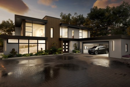 Rendering of a 2024 Chevrolet Silverado EV RST in a residential garage with simulated use of V2H technology. Simulated products shown. Actual production model may vary. Simulated vehicle shown. Actual production model may vary.
