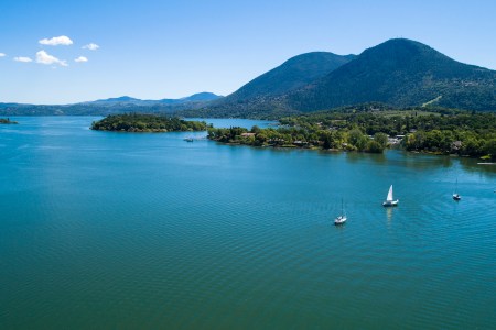 The aerial view of the Buckingham Park on Clear Lake, California.