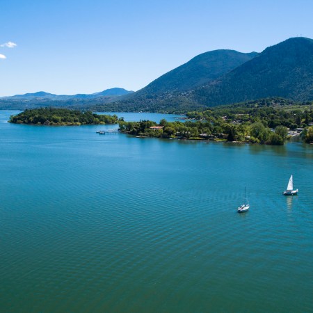 The aerial view of the Buckingham Park on Clear Lake, California.