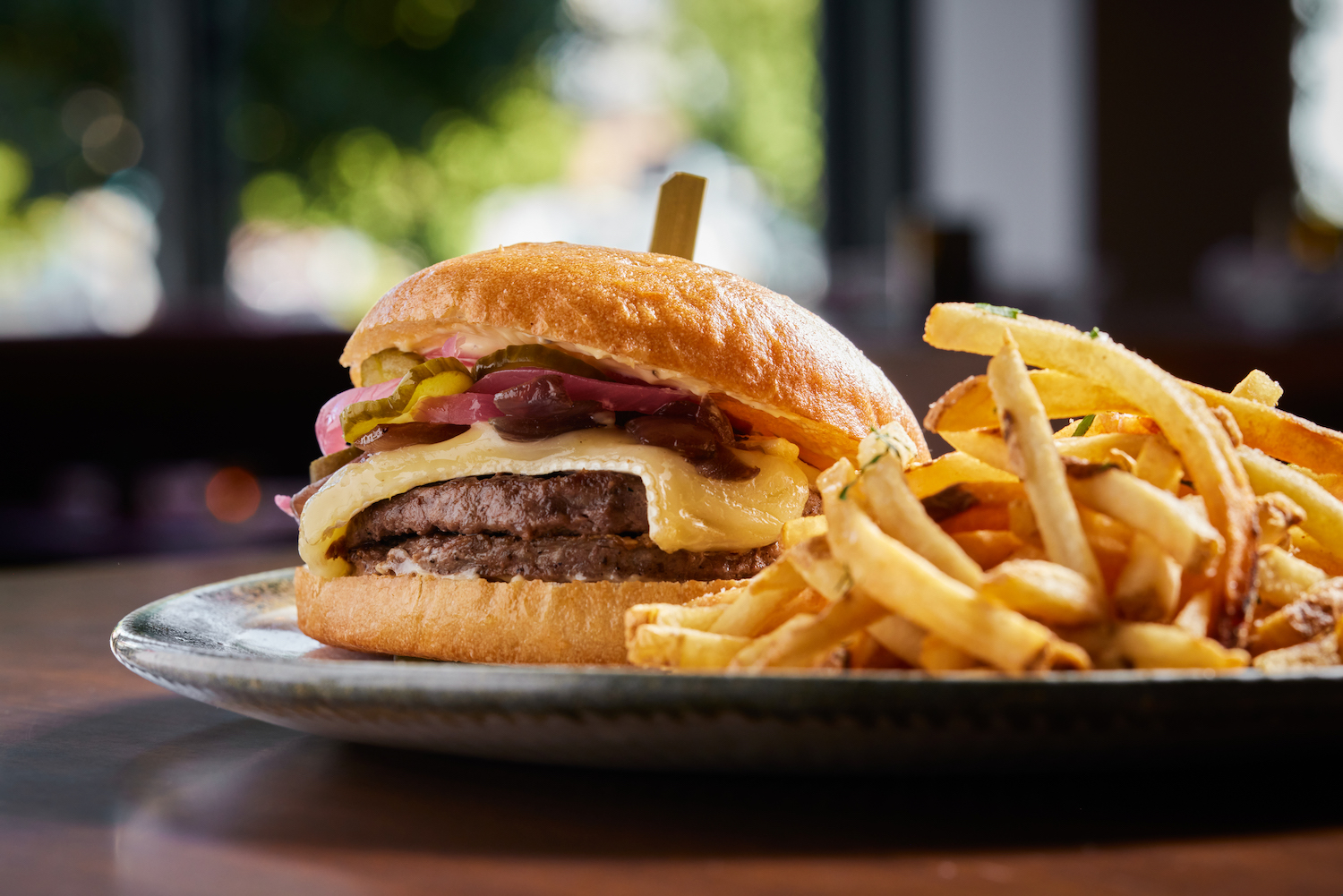 Burger and fries on a plate