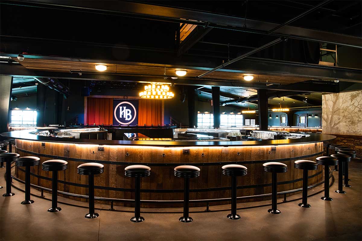 The bar and stage setup at Humble Baron, the world's longest bar