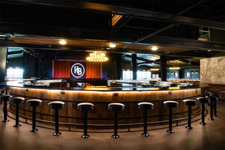 The bar and stage setup at Humble Baron, the world's longest bar