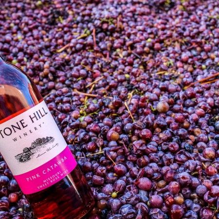 A bottle of Catawba wine, made from heirloom grapes, from Stone Hill Winery