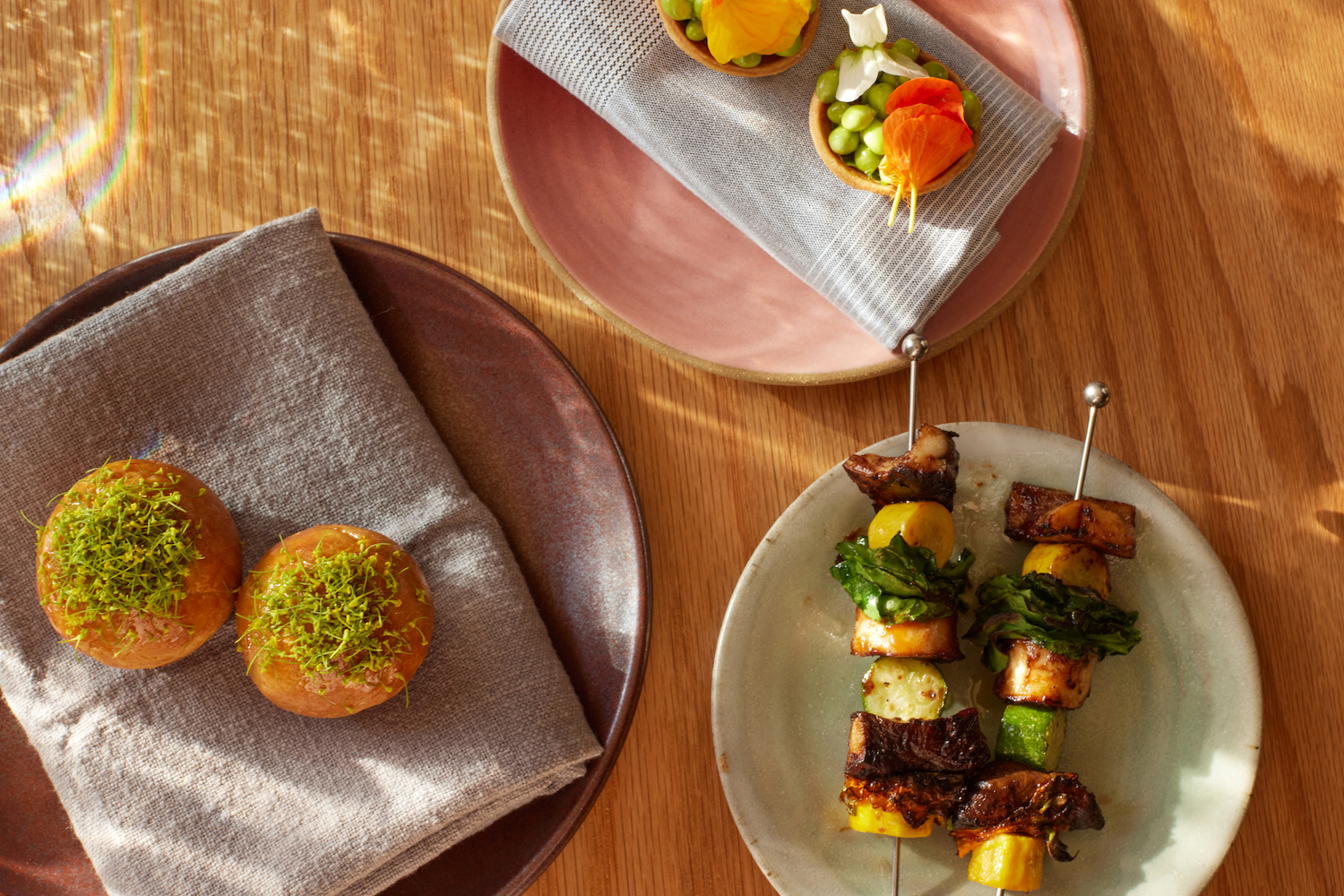 The Second Story's twist on a traditional Danish æbleskiver pastry and grilled mushroom and zucchini skewers.