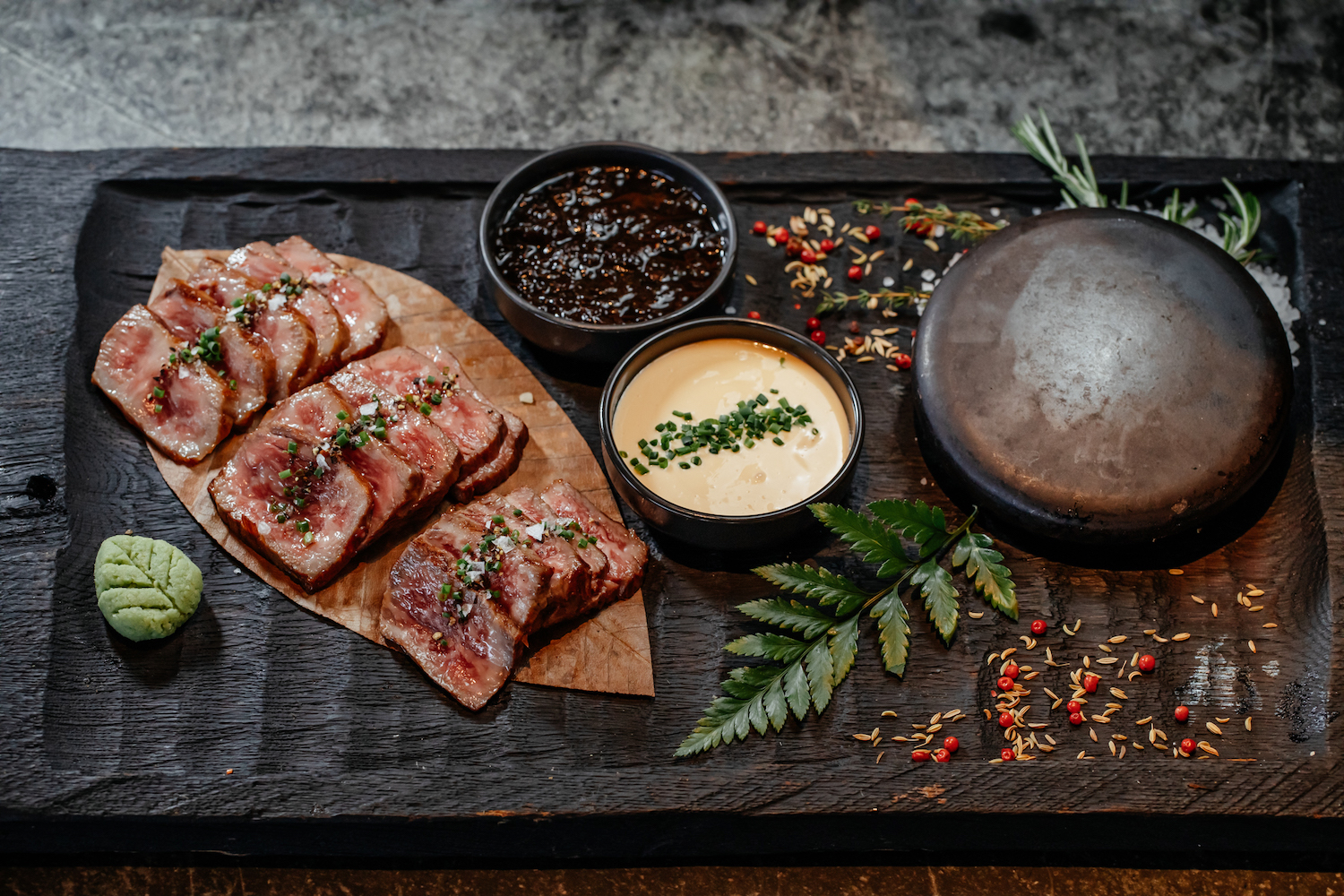 Spread of meat with sauces and other dishes