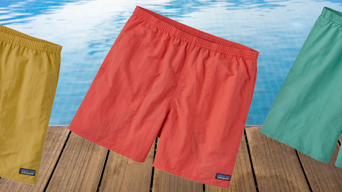a collage of Patagonia Baggies on a pool background