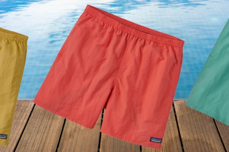 a collage of Patagonia Baggies on a pool background