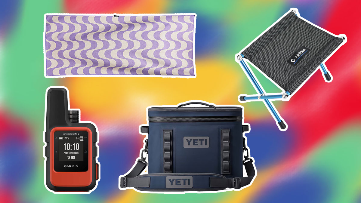 Items from Garmin, Yeti and more on an abstract blue and green background
