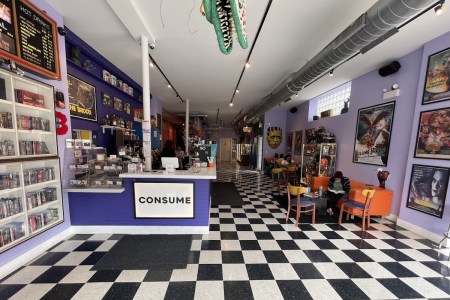 Checkered floor pattern with orange and purple decoration
