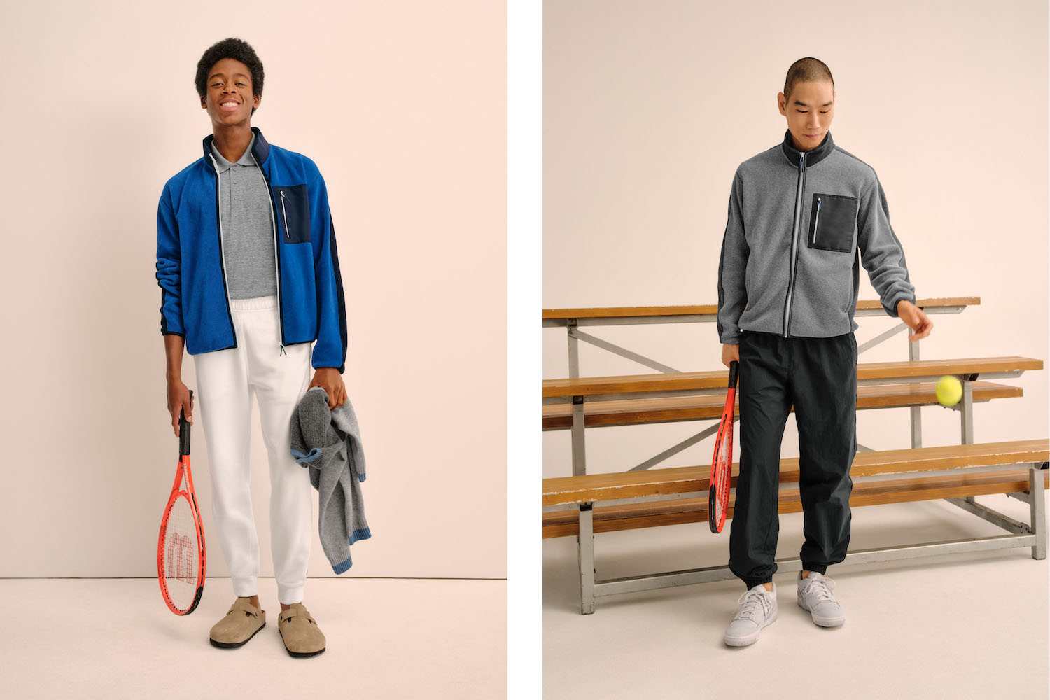 a collage of models wearing the Uniqlo x J.W. Anderson Roger Federer collab.