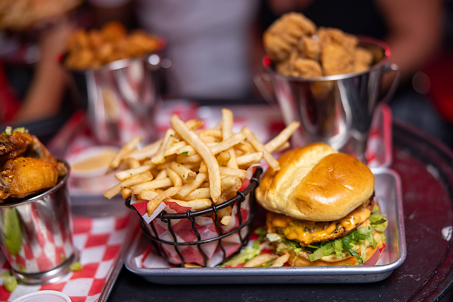 Burger and fries on a tray