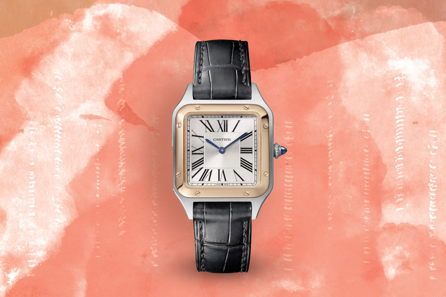 Squarish gold and brown Cartier Santos-Dumont Watch Small