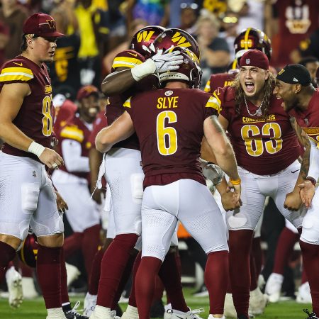 Joey Slye of Washington celebrates after kicking the go-ahead field goal against the Ravens.