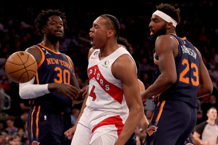 Scottie Barnes of the Raptors a dunk against the Knicks.