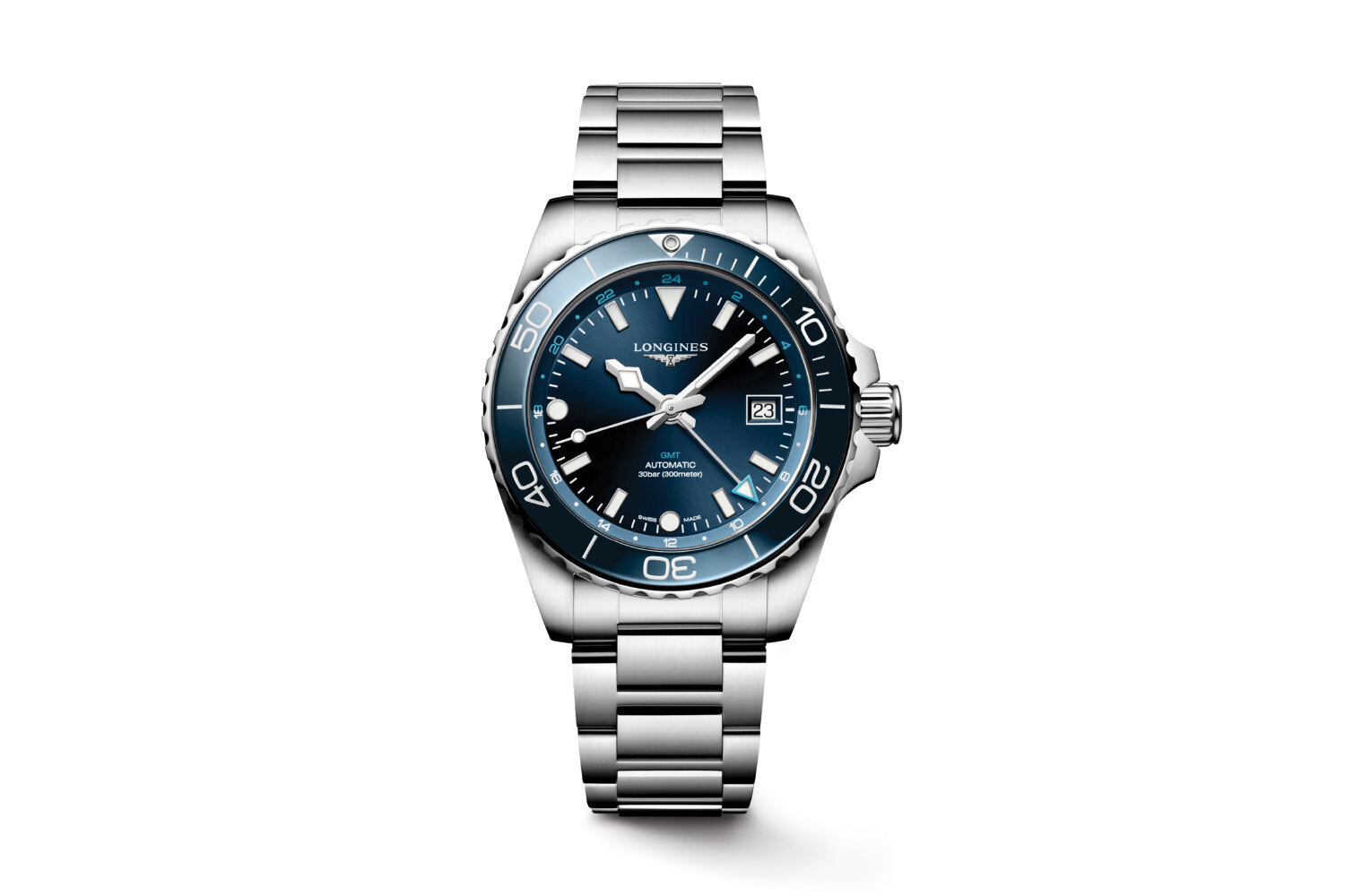 SIlver and blue watch