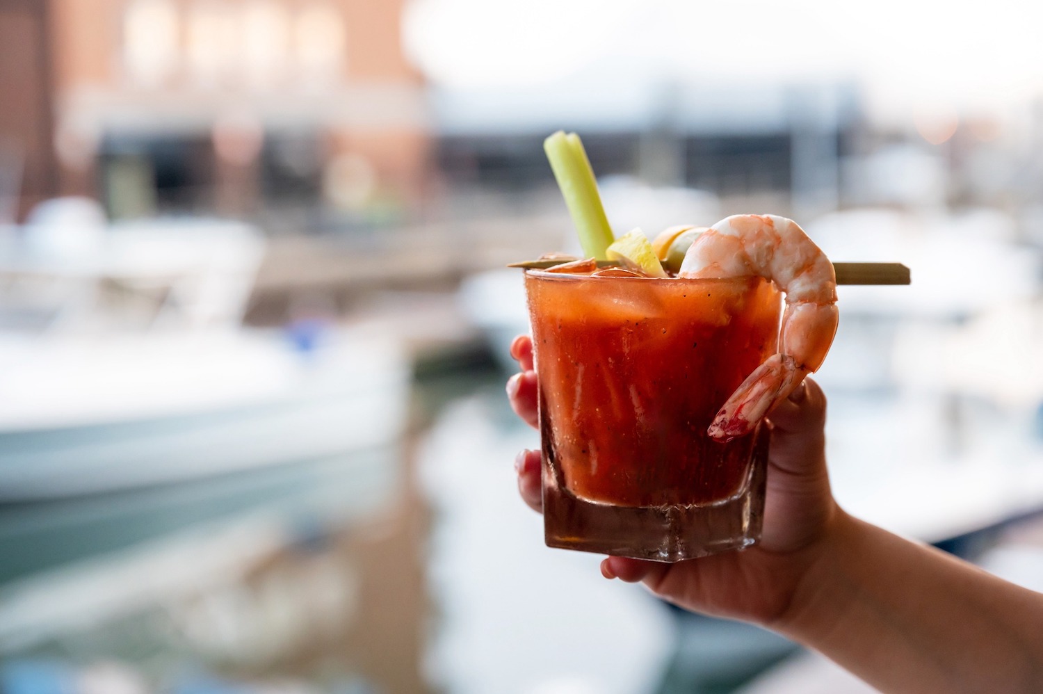 shrimp bloody mary held in front of a harbor