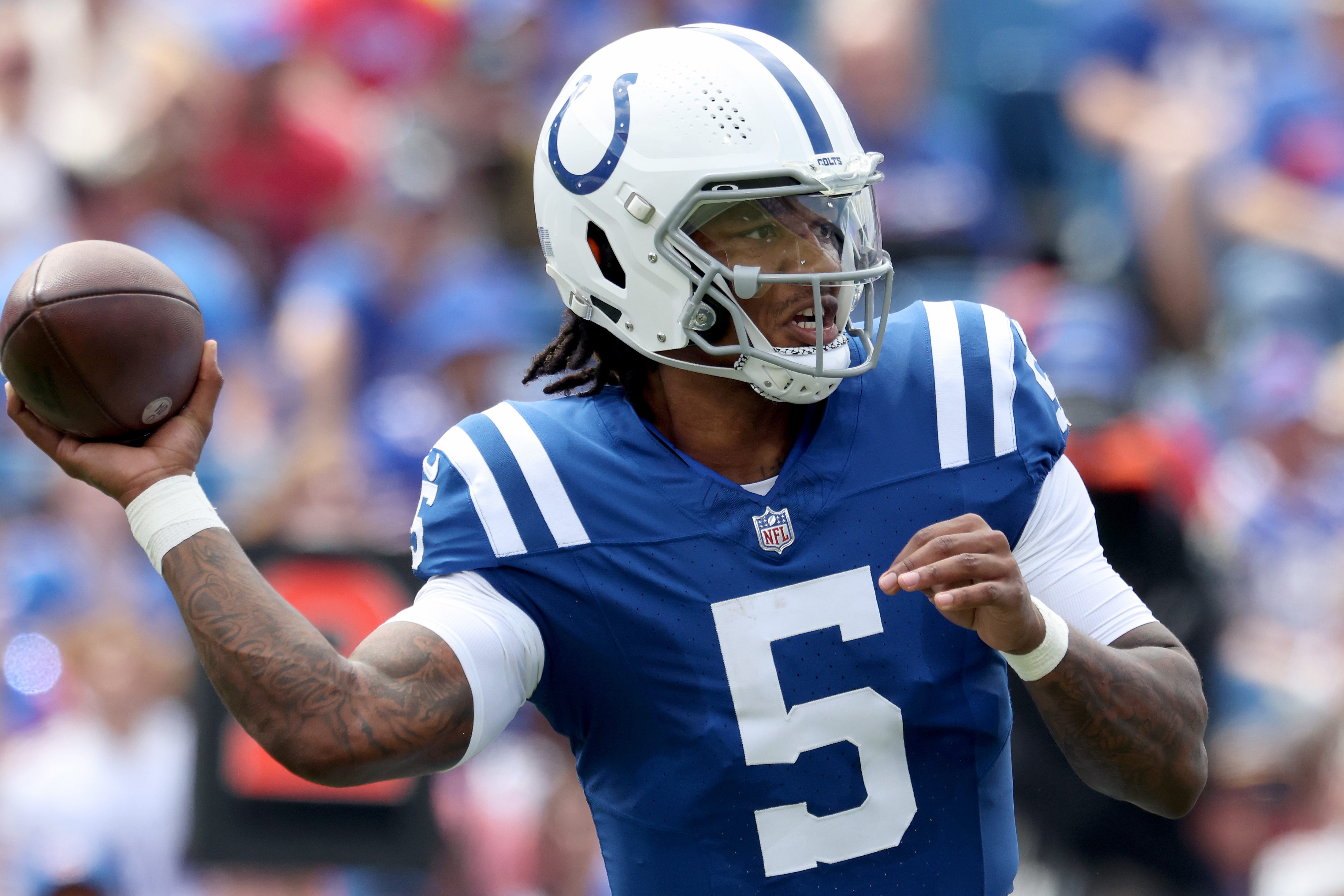 Anthony Richardson, quarterback of the Indianapolis Colts, passes the ball