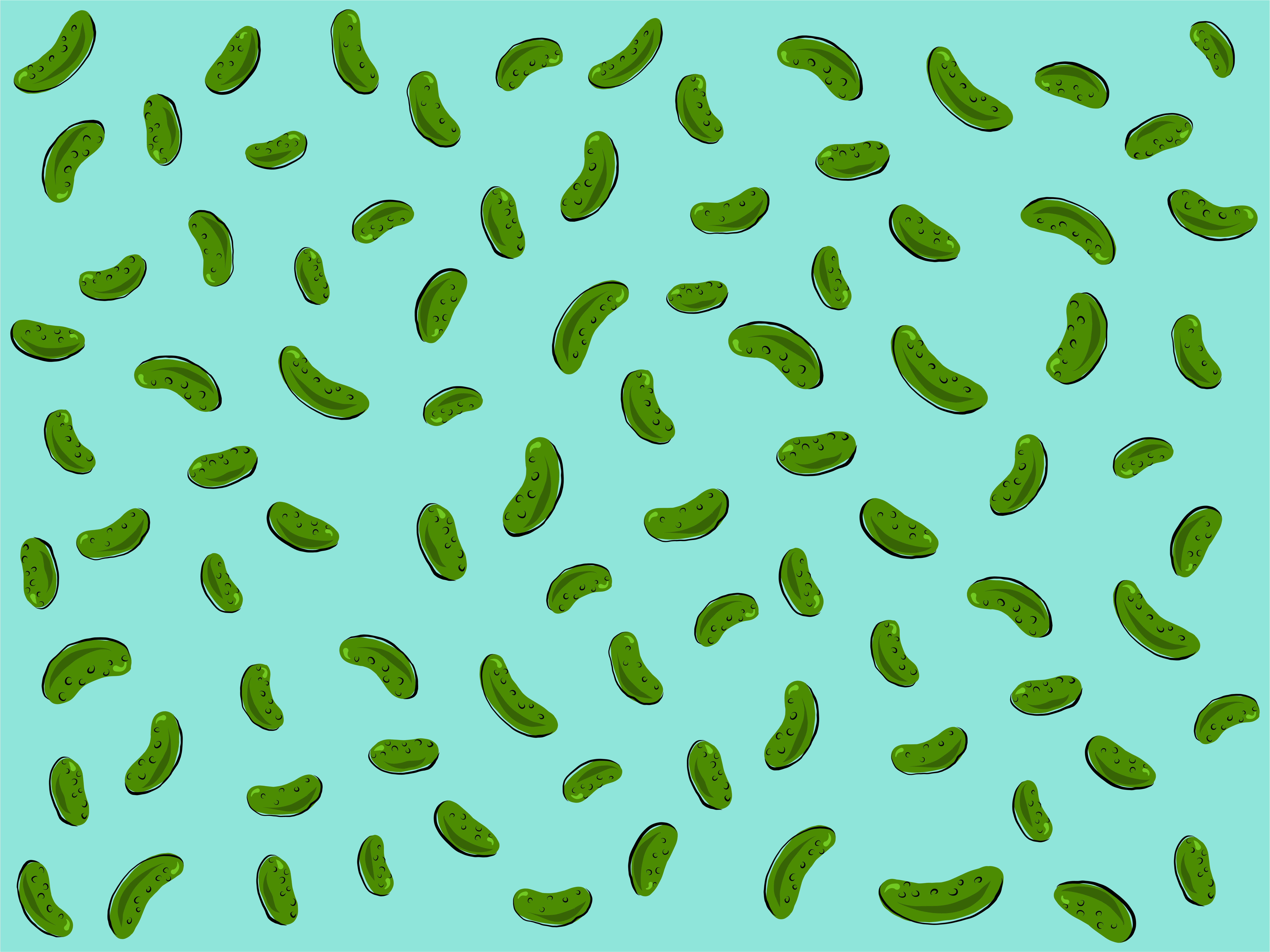 An illustration of many pickles against a blue background.