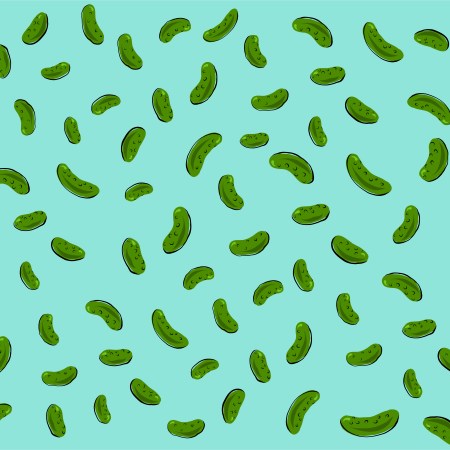 An illustration of many pickles against a blue background.