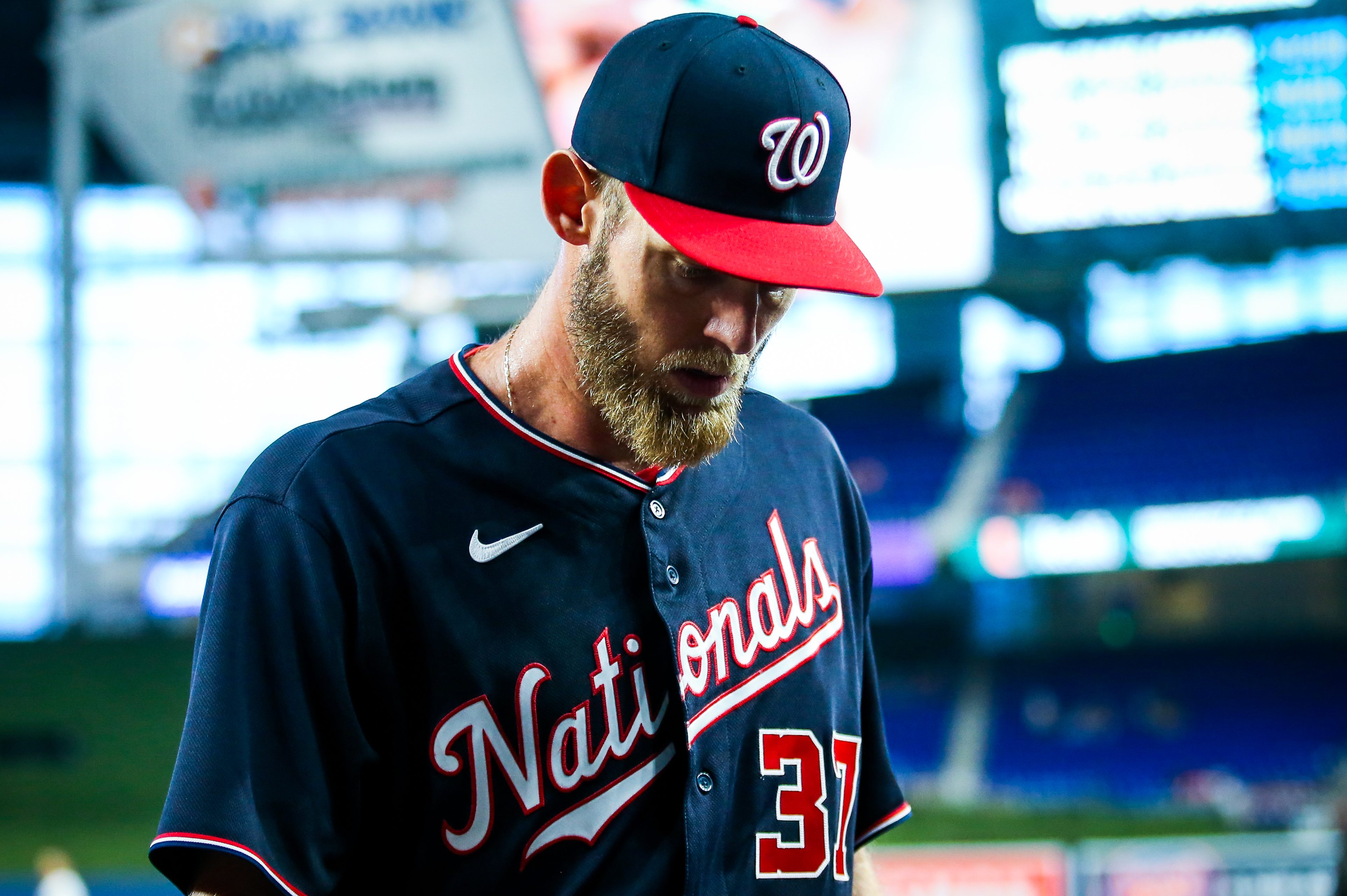 Stephen Strasburg walks off of the mound in 2022.