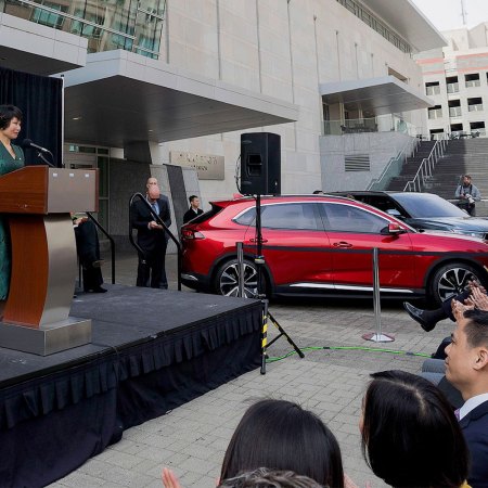 VinFast CEO Le Thi Thu Thuy speaking in North Carolina in 2022 about plans to build their first U.S. factory.