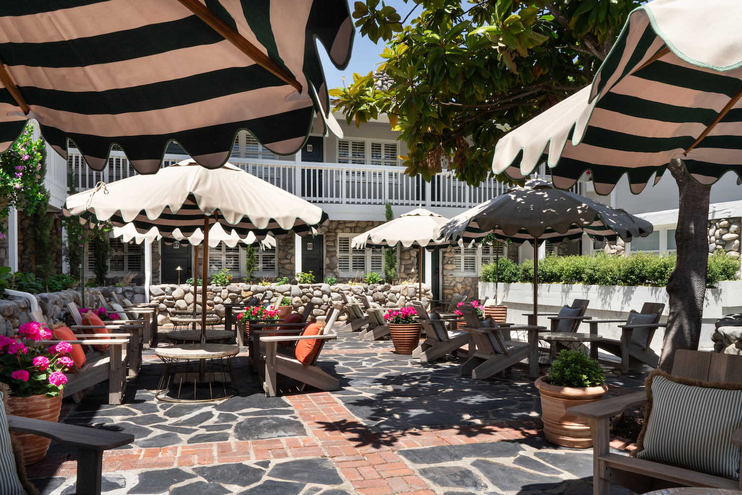 Outdoor chairs and umbrellas in seating area