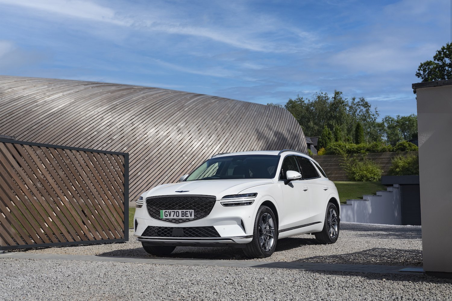 A parked Genesis GV70 Electrified in white
