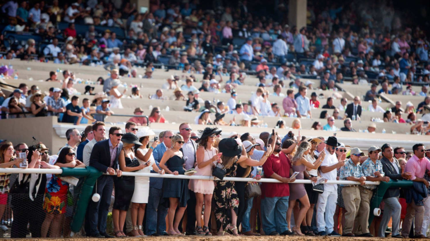 Crowd of people leaning over rail