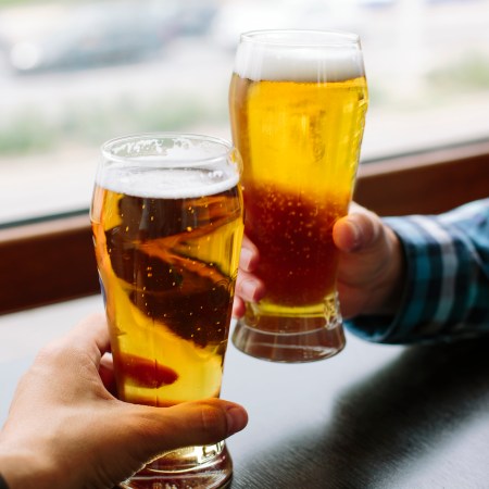 Close up of two men's hands holding beer glasses