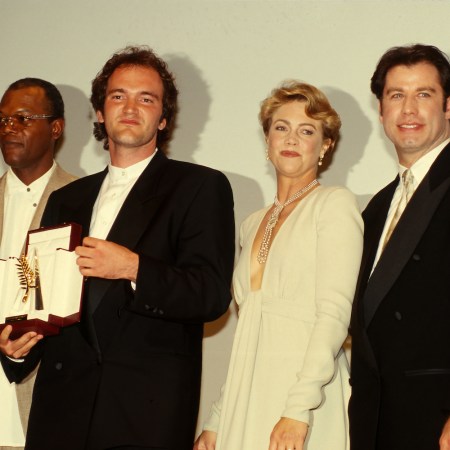 Samuel L. Jackson, awarded director Quentin Tarantino, Kathleen Turner and John Travolta attend the 47th Cannes Film Festival on May 1994 in Cannes, France. (Photo by FocKan/WireImage)