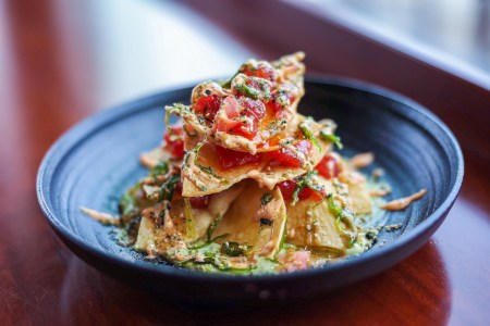 Tuna Poke Nachos in a blue bowl