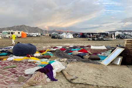 Muddy desert plain seen on September 3, 2023, after heavy rains turned the annual Burning Man festival site in Nevada's Black Rock desert into a mud pit.
