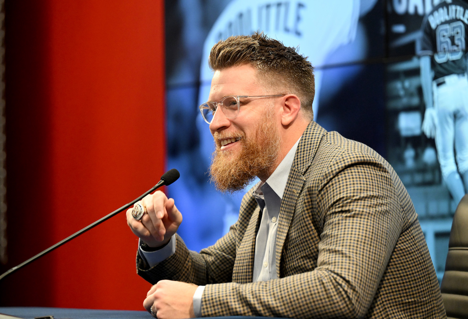 Sean Doolittle #63 of the Washington Nationals talks at a press conference about his retirement at Nationals Park on September 22, 2023 in Washington, DC.