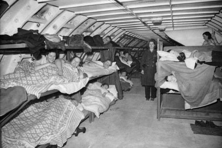 Shelterers bunked down for the night in one of the tunnels of a deep shelter under London