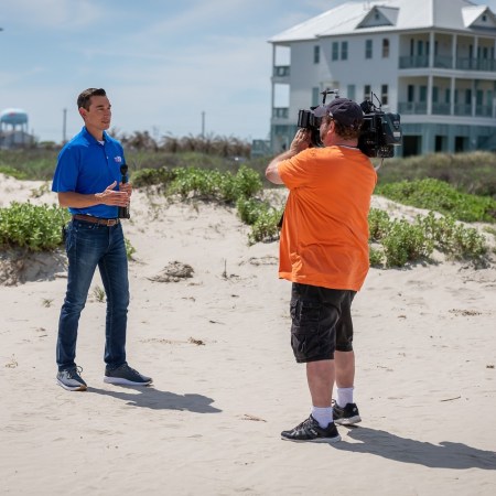 Houston meteorologist Adam Krueger reporting on location, but he's more famous for his in-studio segments that go viral on TikTok and Instagram