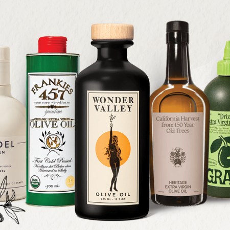 a lineup of olive oils on a grey background with olive branch illustrations
