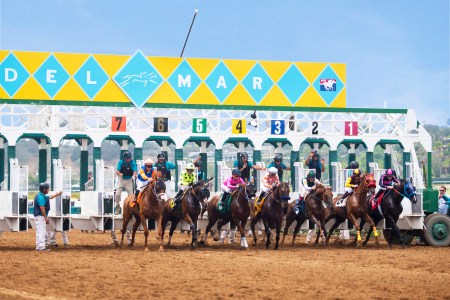 Horses galloping out of the starting gate at the Del Mar Racetrack in California