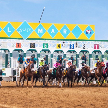 Horses galloping out of the starting gate at the Del Mar Racetrack in California