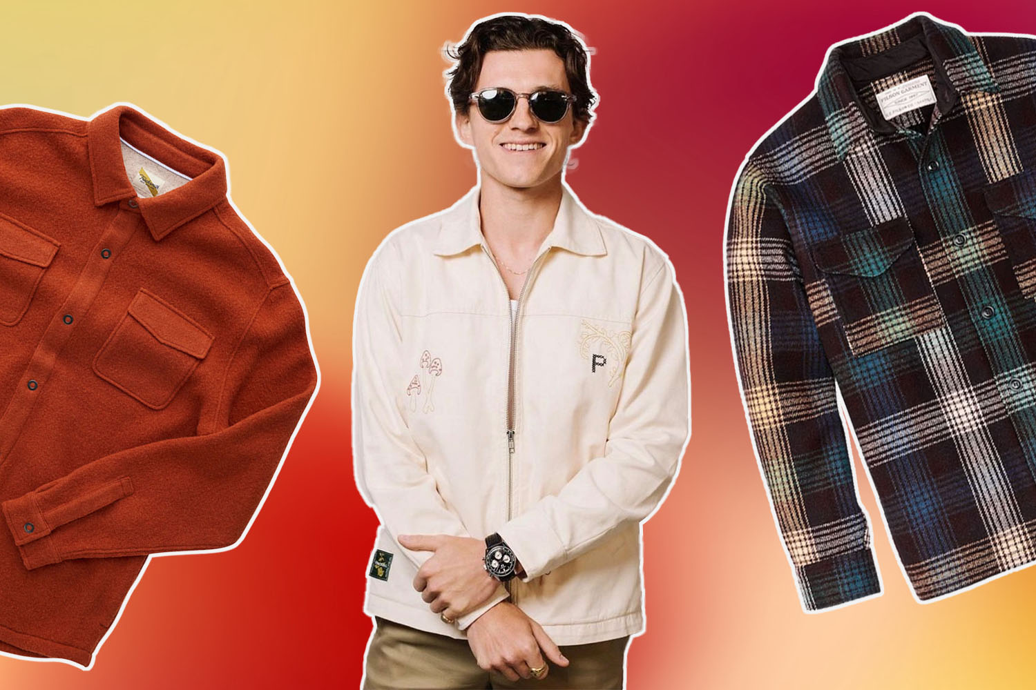 a collage of shirt jackets on a grey background