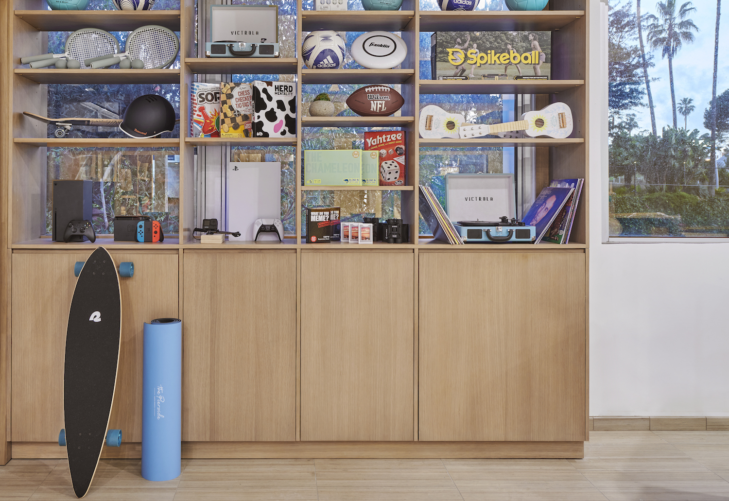 Shelves full of games and other miscellaneous items