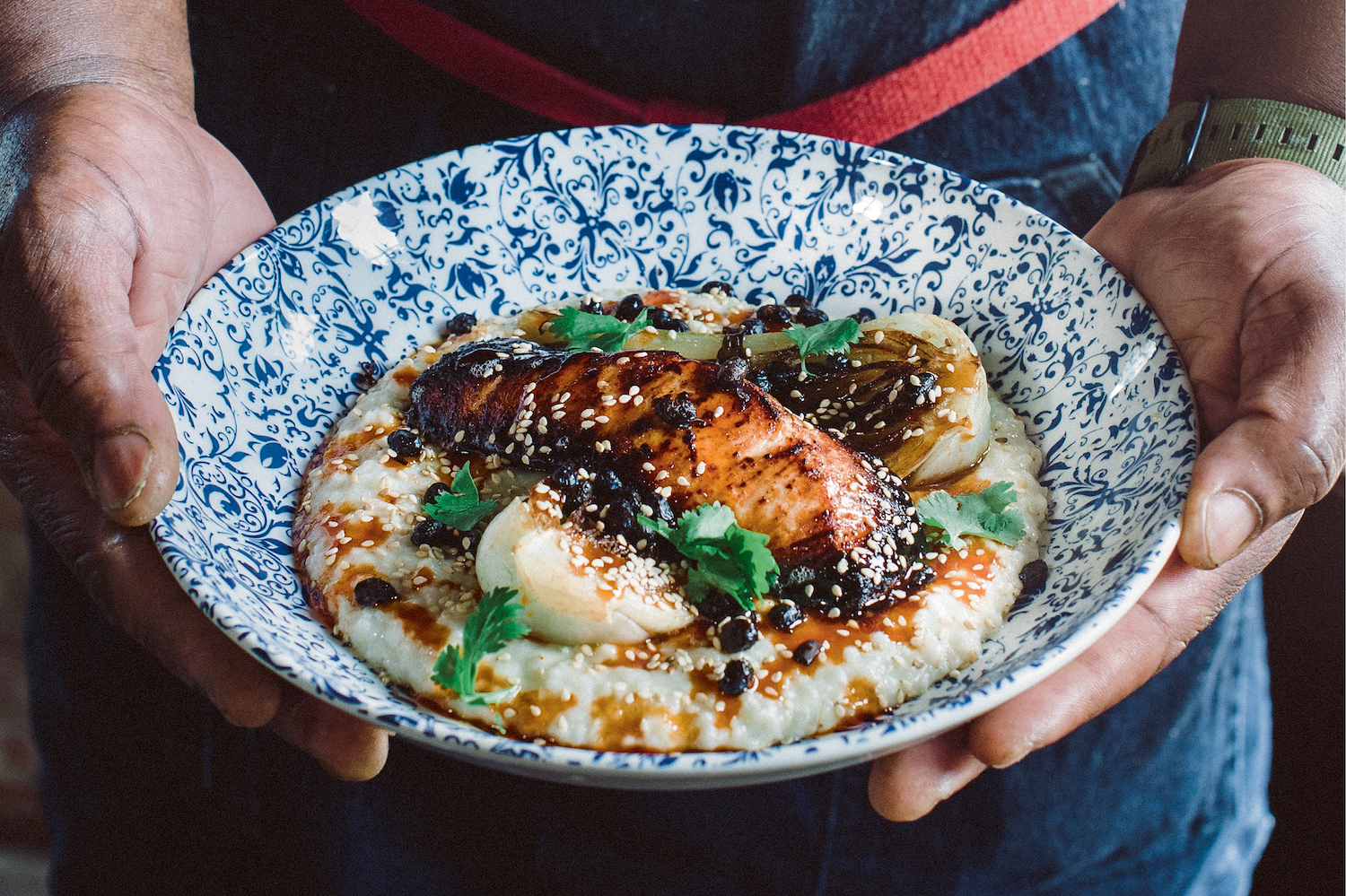 Miso Honey–Glazed Scottish Salmon with Bamboo Rice Grits